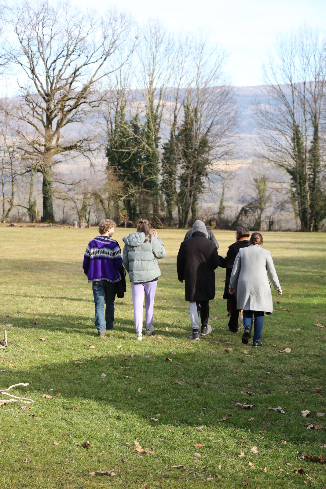 A small group walking together across a field towards bare winter trees