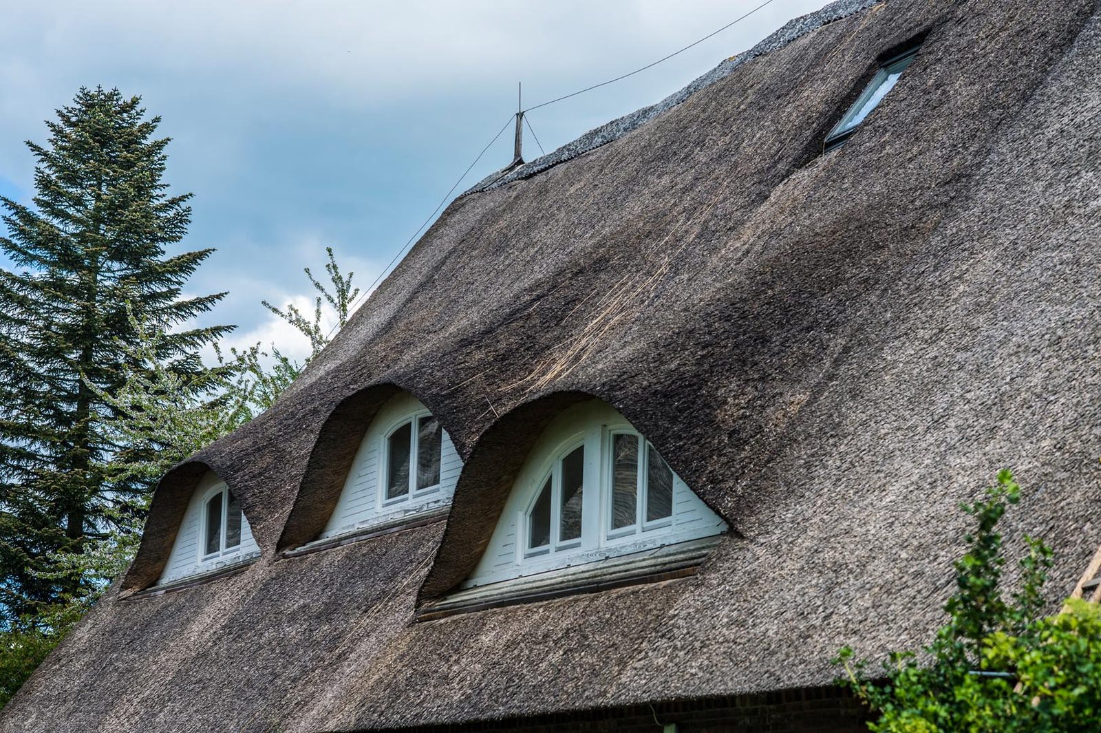 Close view of the thatched roof and dormer windows against the sky